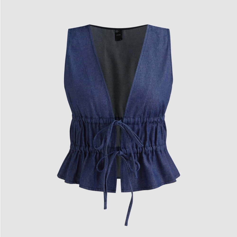 DENIM V-NECK SOLID DRAWSTRING KNOTTED VEST